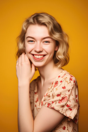 portrait of a cheerful young woman giving you a wink while posing against an orange background, created with generative aiの素材