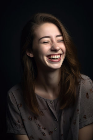 happy young woman in studio against a grey background with copyspace, created with generative aiの素材