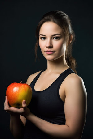 portrait of a confident young woman wearing workout clothing and holding an apple, created with generative aiの素材
