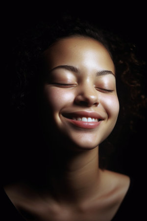 beauty shot of a young woman smiling with her eyes closed, created with generative aiの素材