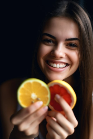a beautiful young woman smiling while holding sliced fruit, created with generative aiの素材