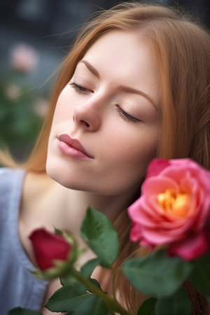 close up shot of a young woman enjoying the scent of some fresh cut roses, created with generative aiの素材