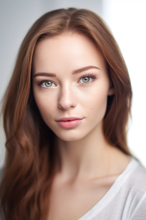 portrait of a beautiful young woman with flawless skin posing against a white background, created with generative aiの素材