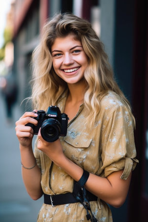 young woman smiling while holding her camera, created with generative aiの素材
