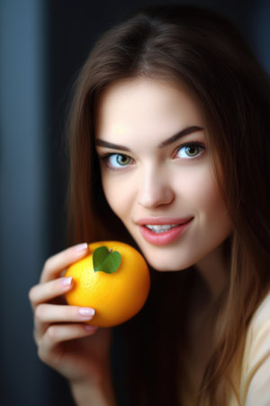 portrait of an attractive young woman eating a piece of fruit and looking at the camera, created with generative aiの素材