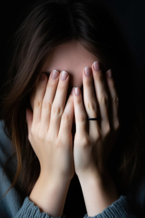closeup shot of a young woman covering her face with her hands, created with generative aiの素材