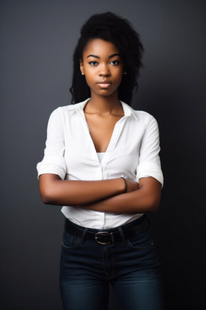 cropped portrait of an attractive young woman standing with her hands on hips, created with generative aiの素材