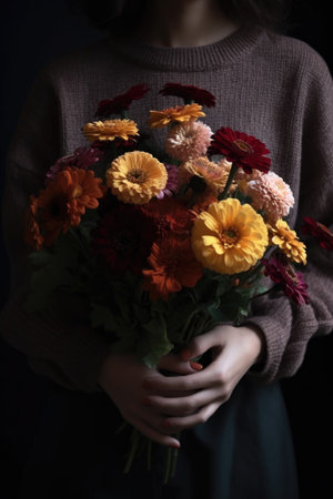 cropped shot of an unrecognisable woman holding a bunch of flowers, created with generative aiの素材