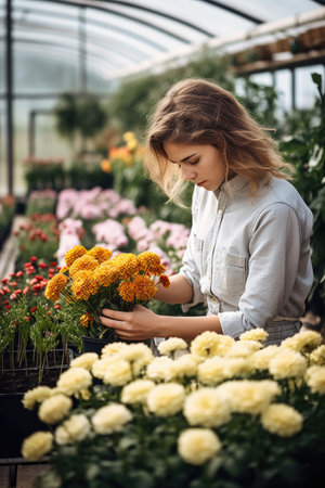 cropped shot of a young florist working in her plant nursery, created with generative aiの素材