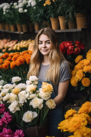 portrait of a young florist looking cheerful while standing in her plant nursery, created with generative aiの素材