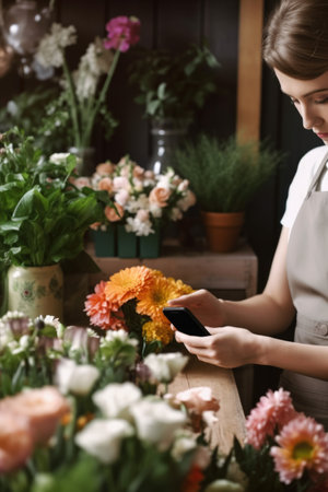 cropped shot of a florist using her cellphone while working, created with generative aiの素材