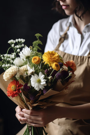 cropped shot of a female florist putting together a bouquet, created with generative aiの素材