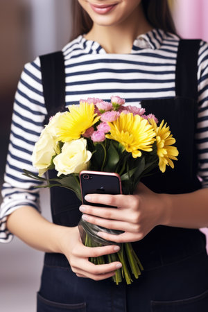 cropped shot of a woman holding a bunch of flowers with her smartphone in the background, created with generative aiの素材