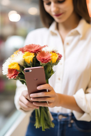 cropped shot of a woman holding a bunch of flowers with her smartphone in the background, created with generative aiの素材
