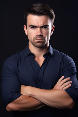 a cropped shot of a handsome man posing with his arms folded, created with generative aiの素材