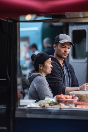 shot of a man and woman watching as the food being prepared at a street food truck, created with generative aiの素材
