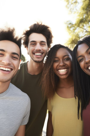 cropped shot of a group of friends standing together outdoors, created with generative aiの素材