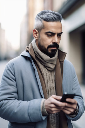 cropped shot of a man using his cellphone while standing outside, created with generative aiの素材