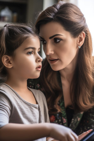 a mother and daughter looking at something on a digital tablet, created with generative aiの素材