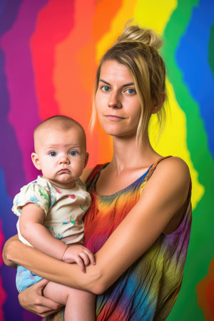 a young woman holding her baby daughter against a colorful background, created with generative aiの素材