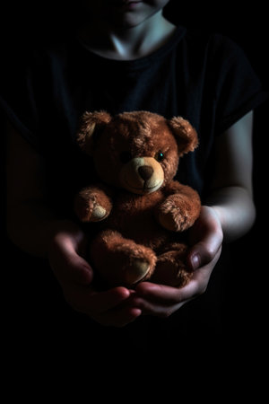 closeup image of two hands holding a teddy bear in the dark, created with generative aiの素材