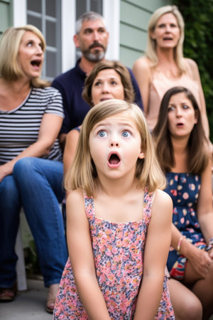 young girl makes a funny face while the rest of her family looks on, created with generative aiの素材