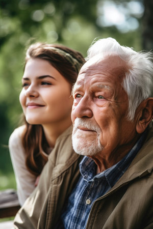 cropped shot of a young girl and her grandfather spending time outdoors, created with generative aiの素材