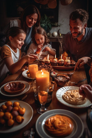 shot of a family sharing their dessert at the dinner table, created with generative aiの素材