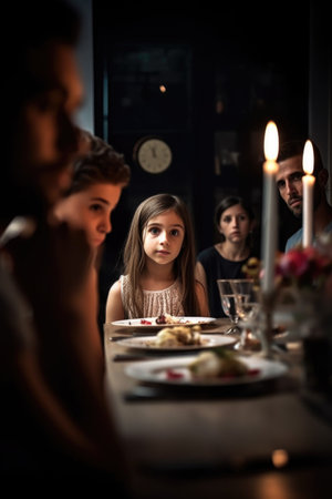 shot of a little girl sitting at the dinner table with her family, created with generative aiの素材