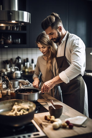 shot of a young woman cooking in the kitchen with her husband, created with generative aiの素材