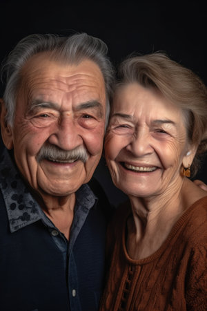 a senior couple smiling happily at the camera and looking relaxed, created with generative aiの素材