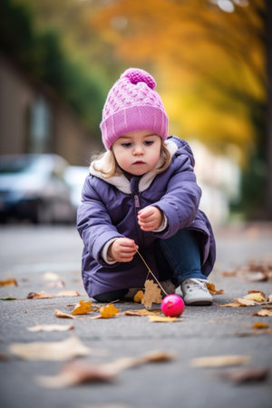 shot of an adorable little girl playing with a toy outside, created with generative aiの素材
