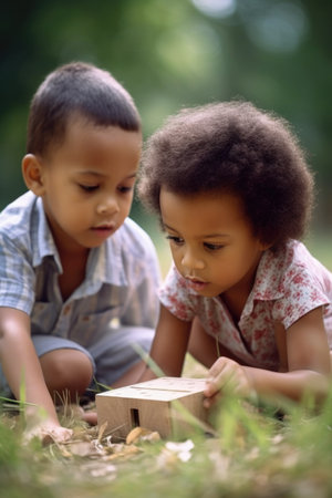 shot of a brother and sister playing together outside, created with generative aiの素材