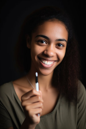 a young ethnic woman holding a pregnancy test and smiling with satisfaction, created with generative aiの素材