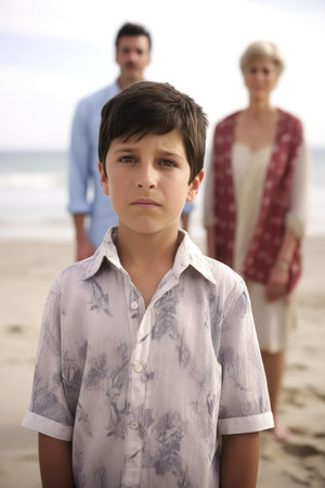 portrait of a young boy standing between his parents at the beach, created with generative aiの素材