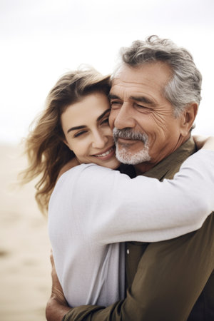 shot of a young woman hugging her father at the beach, created with generative aiの素材