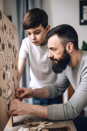 cropped shot of an unrecognizable man showing his son a family tree at home, created with generative aiの素材
