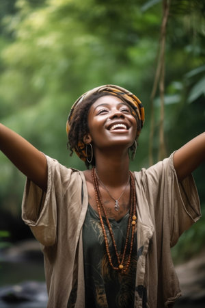 black woman, outdoor and smile with travel, freedom and carefree feeling on nature park, created with generative aiの素材