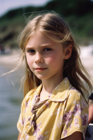 portrait of a young girl on vacation, created with generative aiの素材