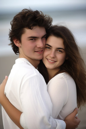 a young couple relaxing on the beach with their arms around each other, created with generative aiの素材