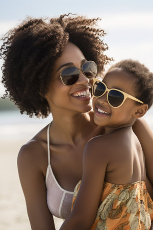 an african american mother and daughter enjoying the beach together, created with generative aiの素材