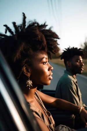 black woman and boyfriend while in a car on a road trip, created with generative aiの素材