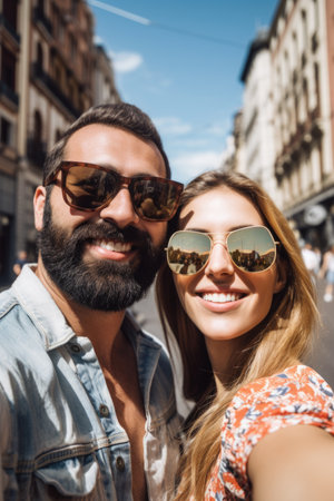 a holiday selfie of a smiling couple wearing sunglasses in the city, created with generative aiの素材