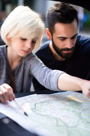 closeup shot of two parents and their son looking at a map while driving through a city, created with generative aiの素材