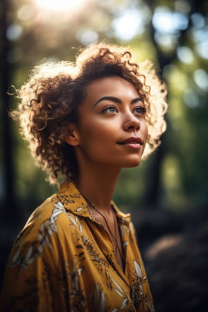 shot of a beautiful young woman enjoying the outdoors, created with generative aiの素材
