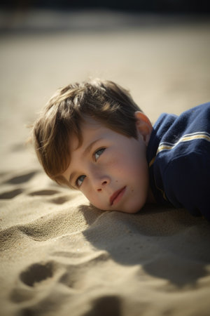 a young boy lying on the sand at the beach, created with generative aiの素材