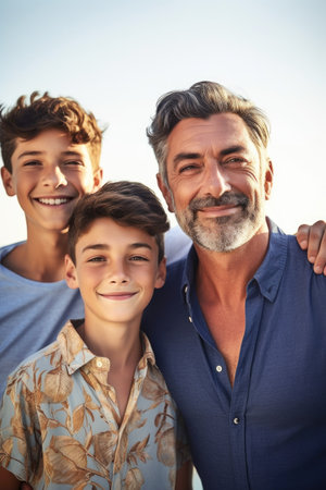 shot of a young man and his two sons on vacation, created with generative aiの素材