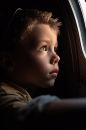 a cropped shot of a young boy looking out of an aeroplane window, created with generative aiの素材