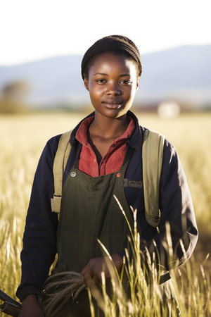 portrait of a young female farmer standing in a field, created with generative aiの素材