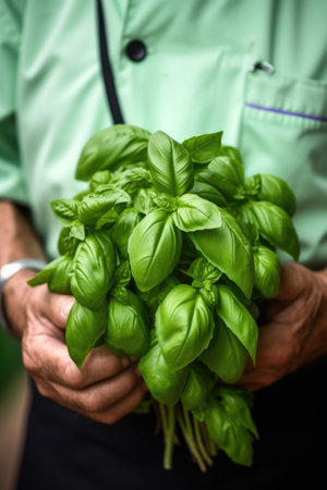 closeup shot of a man holding a bunch of fresh basil, created with generative aiの素材